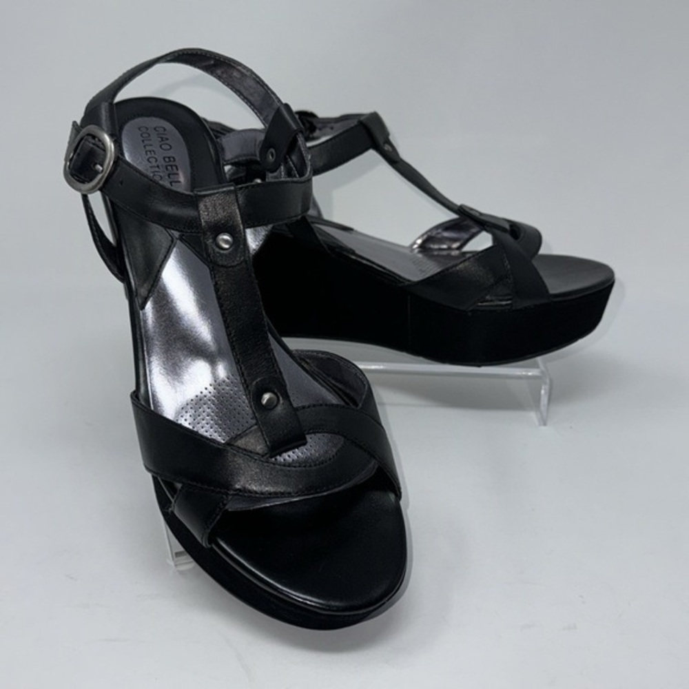 NWT Ciao Bella “Petunia” Black Vintage Calf Leather  Wedge Sandals SIZES 9